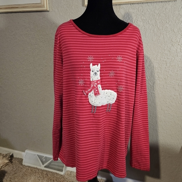 Christopher &‎ Banks Womens XL Red Striped Llama Long Sleeve T Shirt Top - Picture 2 of 10